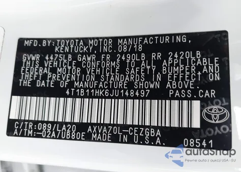2018 Toyota Camry Xle z USA, uszkodzony, nr VIN 4T1B11HK6JU148497
